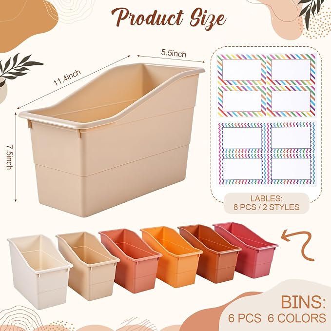 Blosssound 6 Set Book Bins for Classroom with Label Sticker Book Box Baskets Plastic Stackable Organizing Bins Storage & Organization for Classroom Library Home School Supplies (Earth Tones) - Image 2