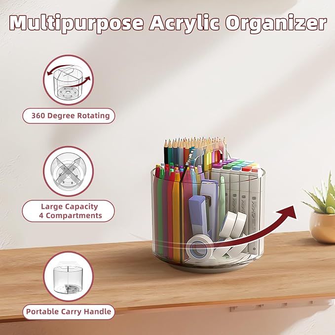 Pencil Holder for Kids, 360 Rotating Pen Holder for Desk Organizer and Storage, 4 Compartments Art Supply Marker Organizer, Acrylic Kids Desk Organizer for School Lazy Susan Organizer - Image 3