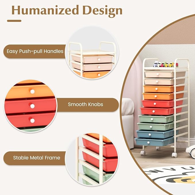 Storage Cart, Rolling Utility Cart with 10 Drawers, Portable Handles & Lockable Wheels, Mobile Paper Toys Storage Organizer Large Capacity for Home Office School Teacher (Macaron) - Image 9