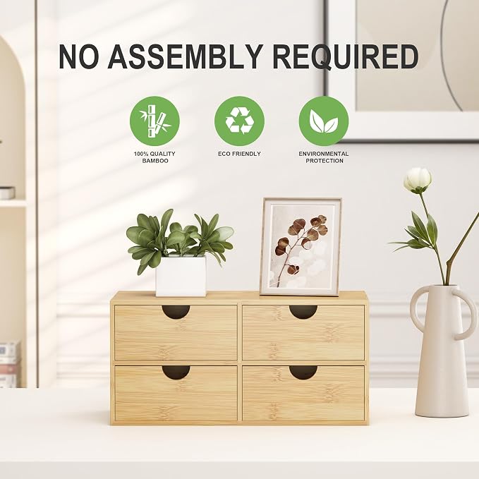 Bamboo Desk Organizer with Drawers, Desktop Storage Box for Office Supplies | 4 Drawers Desktop organizer, No Assembly Required, Natural Wood Wooden Desktop Drawers for Bills, Cosmetics, Seals, Paper - Image 4