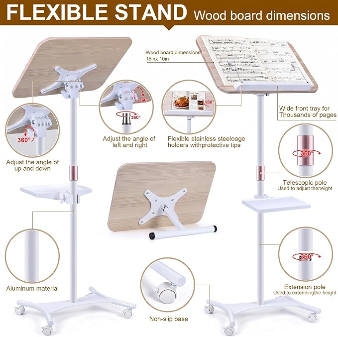 2 in 1 Dual-use Music Stand & Desktop Book Stand, Adjustable Height 16.5"-51", 100% Solid Wood Laptop Floor Stand Book Holder with Elastic Page Clips for Cookbooks (White with Tray and Wheels) - Image 5