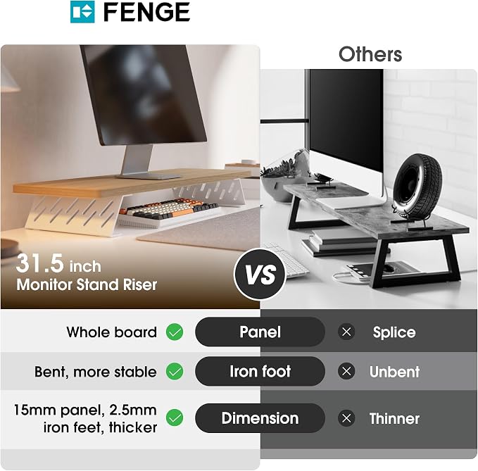 Fenge Monitor Stand Riser, Wooden & Metal Desk Shelf Organizer, Oak | 31.5in Computer Stand, Single Monitor Setup, for Compact Work Station, Multifunctional Monitor Shelf for Laptop, PC, Printer - Image 3