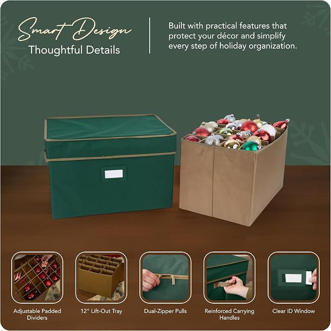Covermates Keepsakes Adjustable Ornament Storage Box – Heavy-Duty Polyester, Padded Dividers & FlexGrid Trays – Protective Holiday Organizer with Stackable Walls & Label Window, Green - Image 4