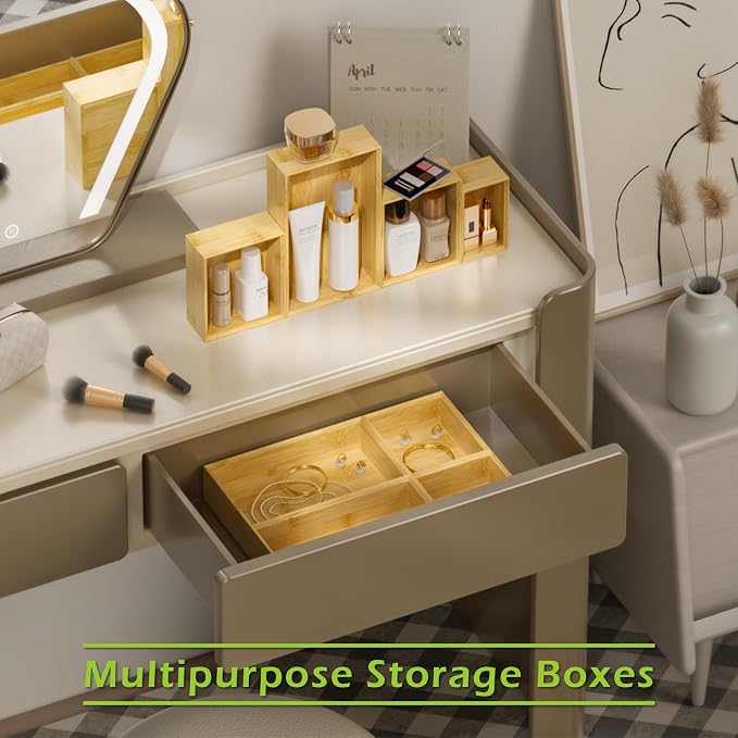 Bathroom Drawer Organizer Trays, Bamboo Silverware Drawer Organizer Kitchen Utensils, 8 PCS Wood Box Stackable Bins for Makeup, Office Desk, Vanity, Junk Drawer - Image 3