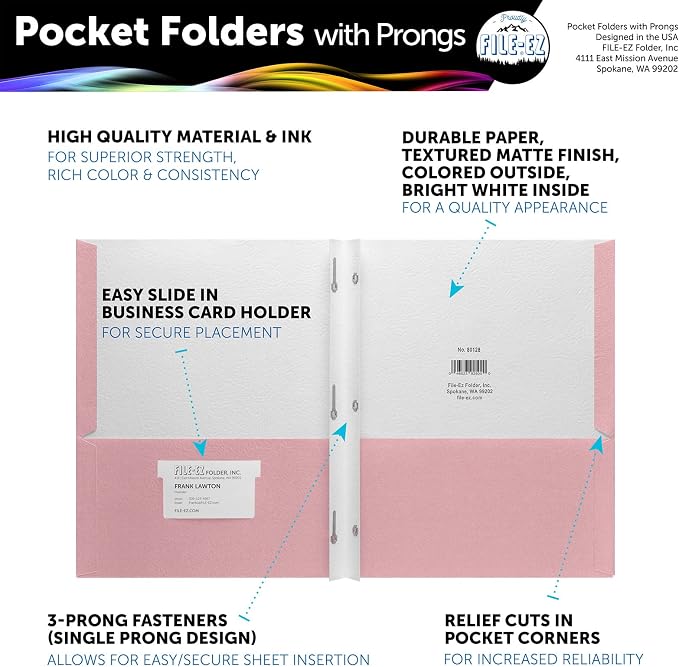 FILE-EZ Two-Pocket Folders with 3-Prong Fasteners, Pink Color, 25-Pack, Durable Textured Paper, Matte Finish, Letter Sheet Size (EZ-92590) - Image 2