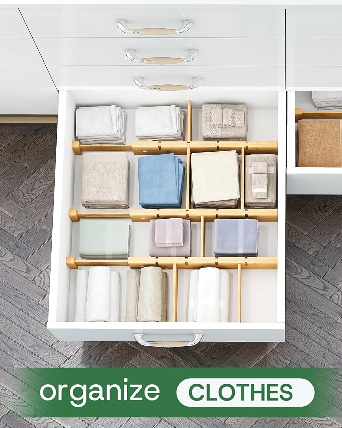 kiplant Bamboo Drawer Dividers - Adjustable Drawer Dividers for Kitchen, Clothes, Closet & Office - 8 Pack with Inserts, 13.8-18.8 Inches, Non-Slip Silicone Ends - Image 5