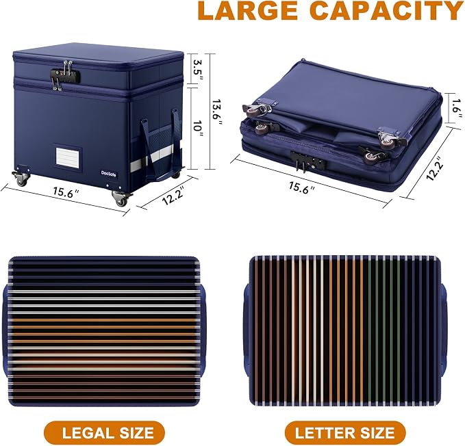 DocSafe File Box with Lock, 2-Layer Fireproof Document Box with Wheels,Collapsible File Storage Organizer with Pockets,Large Portable Office Filing Cabinet Hanging Folders,Blue,16''x13.8''x12.2'' - Image 6