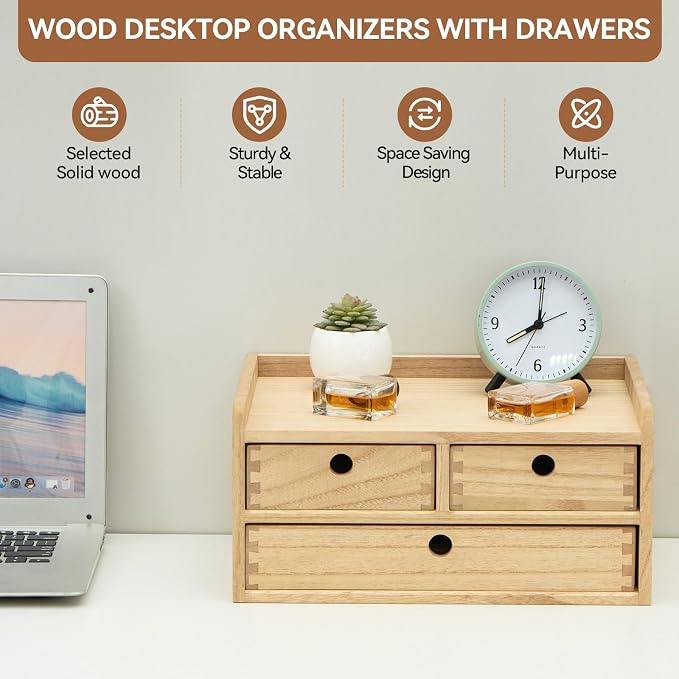 KIRIGEN Wooden Desk Organizer with 3 Drawers and Top Tray Natural DT2D3C-NA | 3-Drawer Cabinet with Top Shelf Stores Papers, Office Supplies, Cosmetics, Crafts, and Small Accessories on Desks or Counters - Image 7
