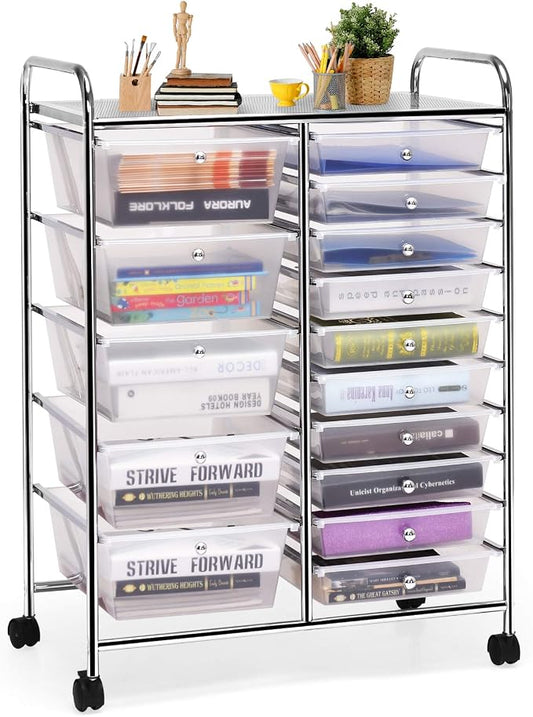 GOFLAME 15-Drawer Rolling Storage Cart, Craft Storage Cart with Removable Drawers & Lockable Wheels, Art Cart Supply Storage Organizer for Home Office Classroom, Clear by GOFLAME