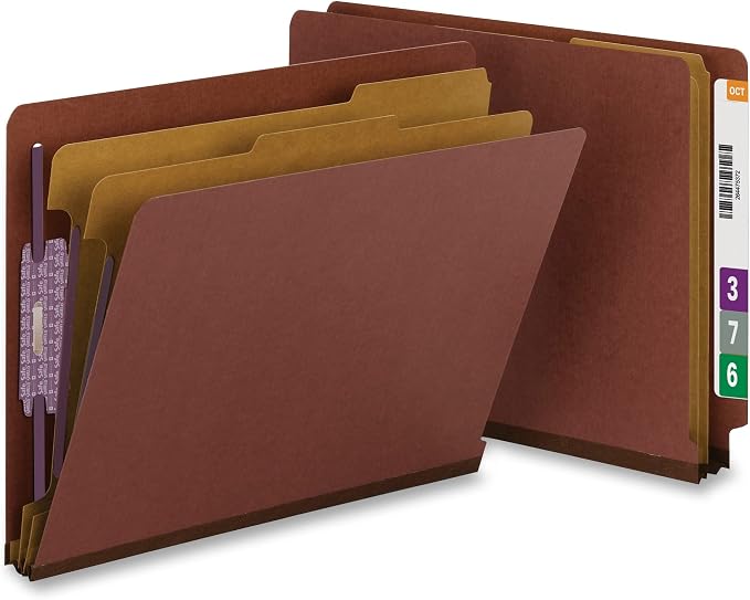 Smead 100% Recycled End Tab Pressboard Classification File Folder with SafeSHIELD Fasteners, 2 Dividers, 2" Expansion, Letter Size, Red, 10 per Box (26860) - Image 7