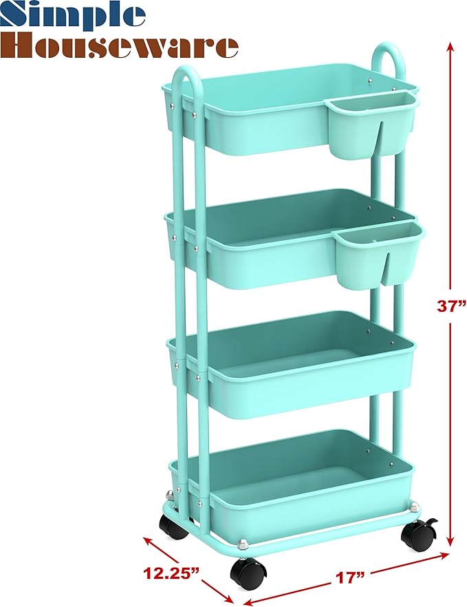 Simple Houseware 4-Tier Rolling Utility Cart with Hanging Bucket, Turquoise | Storage for Bathroom, Kitchen, Office, Study Room, Nursery Diaper - Image 5