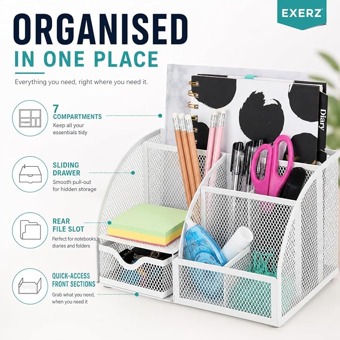 Exerz Desk Organizer 7 Compartments Metal Mesh Pen Holder Caddy White | Compact White Desktop Storage for Notes Clips Scissors Rulers Craft Tools Makeup Study and Home Use - Image 4