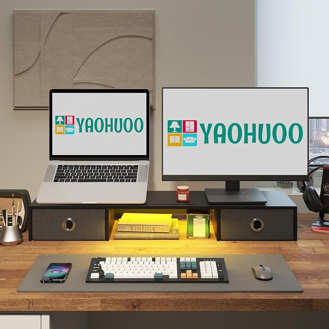 YAOHUOO Dual Monitor Stand with LED Light 2 Drawers, Computer Monitor Riser for 2 Monitors, Large Desktop Organzier with Storage for PC/Laptop/Computer/TV Screen/Printer - Image 5
