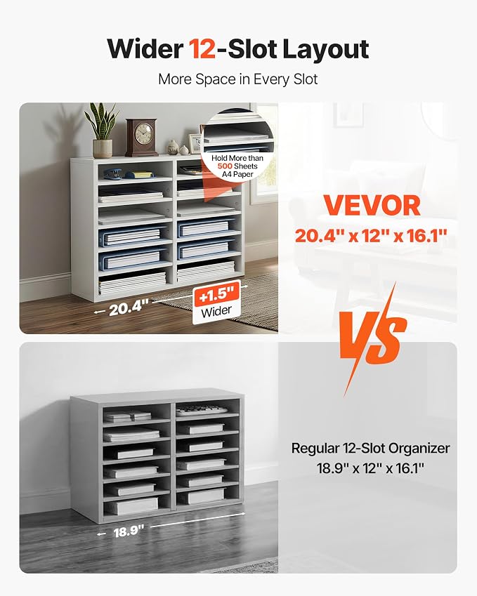 VEVOR Literature Organizers, 12 Compartments Office Mailbox with Adjustable Shelves, Wood Literature Sorter 20.4x12x16.1 inches for Office, Home, Classroom, Mailrooms Organization, EPA Certified White - Image 2