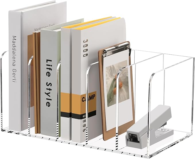 SANRUI Acrylic Magazine Holder Desk Organizer Workspace Sorters, Clear Bookend File Sorter Folder Rack For Home Office Accessories Organization Storage with 5 Vertical Compartments by SANRUI