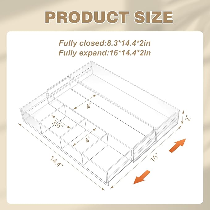 Briwooody Clear Acrylic Drawer Organizer Expandable,7 Compartments,Medium | 9'' up to 18'' x 12'' x 2.1'' Desk Drawer Organizer Trays Adjustable with Desk Accessories for Makeup Office Bathroom - Image 3