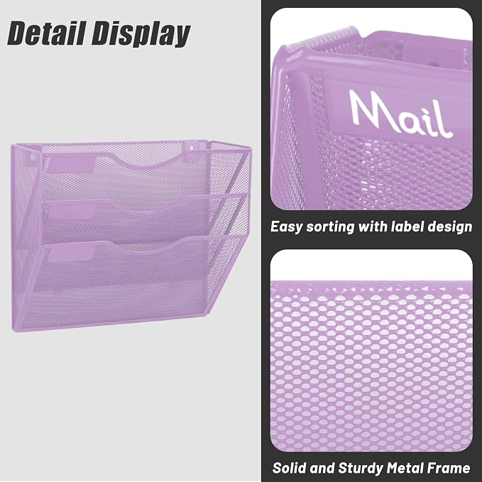 3 Pocket Mesh Hanging Wall File Organizer, Wall Mounted Mail Paper Document Folder Holder, Clipboard Storage Organization Magazine Rack with Nametag Label for Office Home School, Light Purple - Image 5