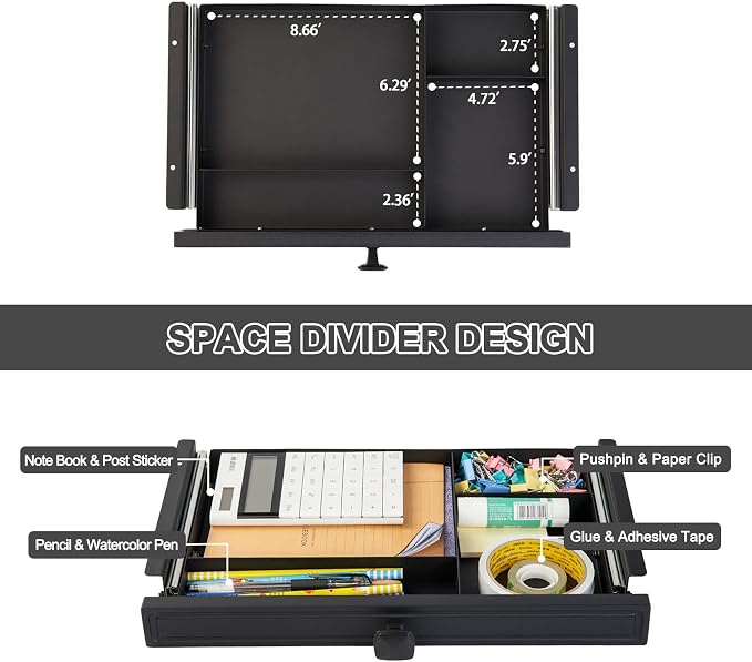 GOME Under Desk Slide out Pencil Drawer with Space Divider Design for Storing Pencil and Office Accessories, Underdesk Pull out Tray Organizer Mounted for Sit Stand Workstation - Image 3