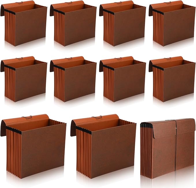 PerKoop 10 Pcs Expanding File Folder with Flap 7 Inch Expansion Expanding File Wallet with Elastic Cord Closure Letter Size Heavy Duty Document Organizer, 10 Slots, Brown by PerKoop