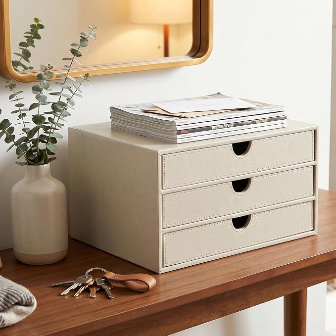 UnionBasic Document Organizer, 3-Drawer File Cabinet Document Storage Box, Office Desktop Filing Organizer, Creamy White - Image 3
