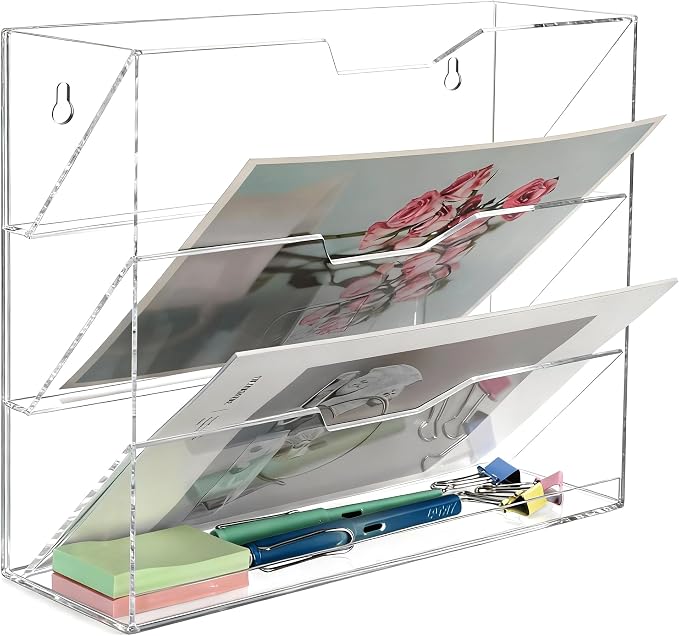 Hanging Wall File Organizer with 4 Pocket Tier - Acrylic Vertical Mail File Folder Holder Wall Mount Mail Magazine Rack with Bottom Tray for Office Home Countertop, Clear by Aphbrada