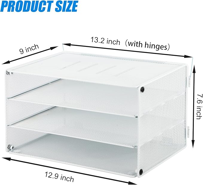 3 Tier Mesh Desk Organizer Tray, Desktop Mail File Paper Letter Folder Holder Sorter Organization Rack Storage Accessories for Office Home School Classroom, White - Image 2