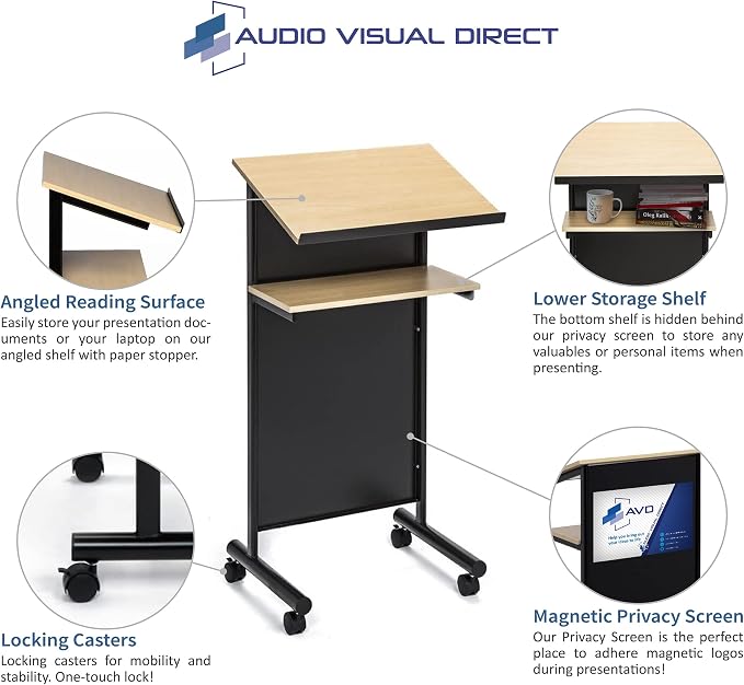 Wheeled Lectern - Standing Desk with Storage Shelf - Beech/Black - Ideal for Presentations and Laptop Use - Image 6