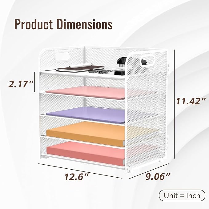 5 Trays Paper Organizer Letter Tray with Handle-Mesh Desk File Holders, Paper Sorter Desk Organizer for Office, Home, Classroom or School, White - Image 5