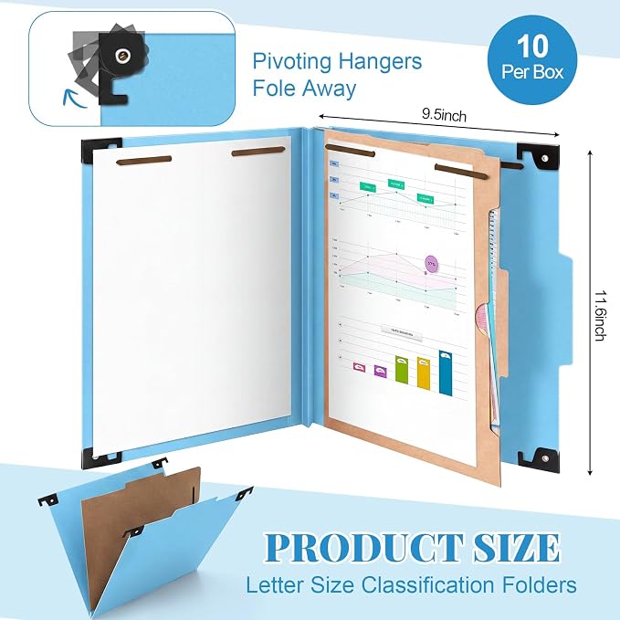 Henoyso 10 Pcs Hanging Classification Folders,1 Pocket Divider,Light Blue | Letter Size, Hanging File Folders with 1 Pockets, 2" Expansion, 4 Prong Fasteners, 1/3 Tab Cut, 4 Sections, Pressboard Manila - Image 2