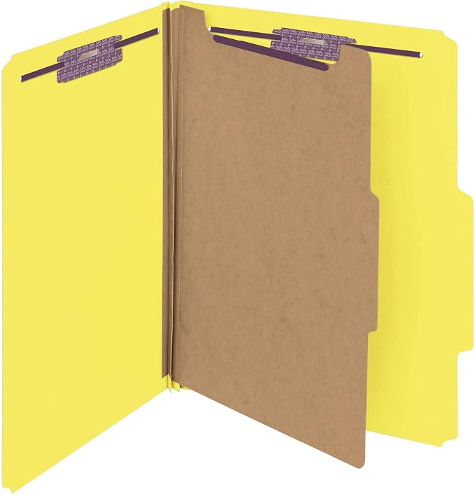 Smead Pressboard Classification File Folder with SafeSHIELD Fasteners, 1 Divider, 2" Expansion, Letter Size, Yellow (13734), (Pack of 5, 50 Count Total) by SMEAD