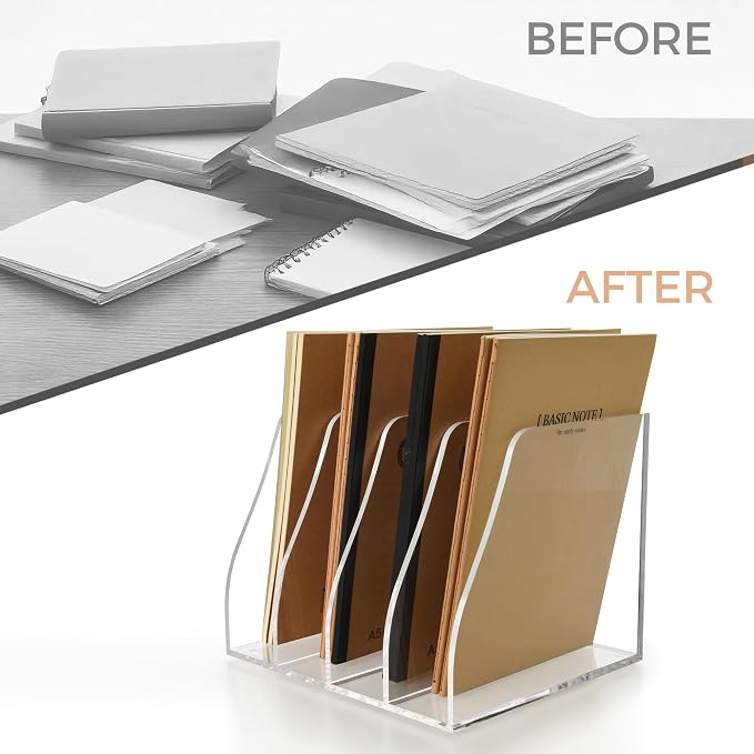 Lovemolly Acrylic Magazine File Holder – 4-Slot Clear Desk Organizer, Vertical Document Sorter for Office, Home & Classroom, No-Assembly Tabletop Rack for Folders, Books & Tablets, 7.09x8.07x6.3 in - Image 8