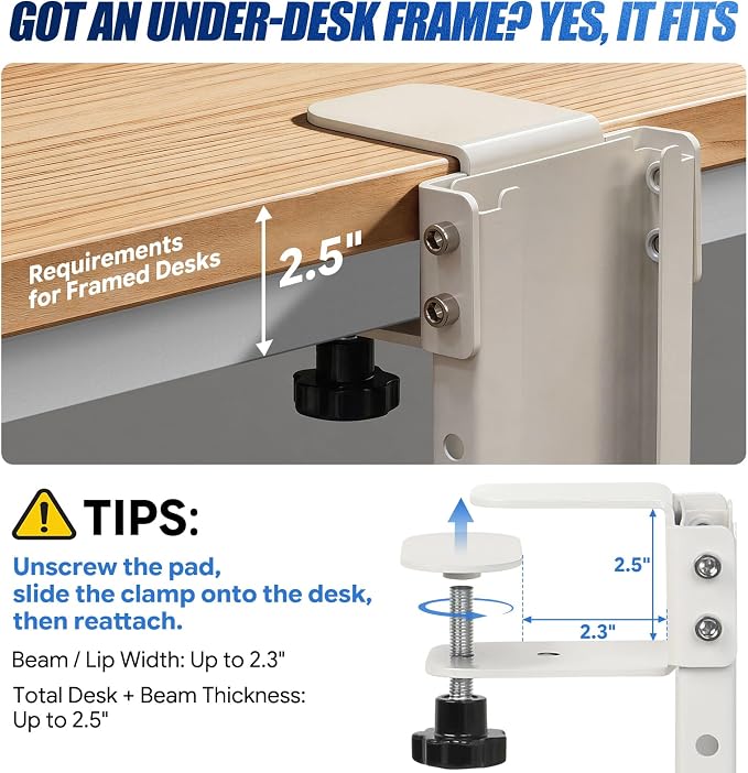 Adjustable Under Desk PC Mount, Heavy Duty No Drilling Clamp Mount on Desk Fits Most PC Tower 14.5”-22.4” (H) , Thickened & Ultra Strong CPU Holder for Standing Desk & Home Office, White - Image 8