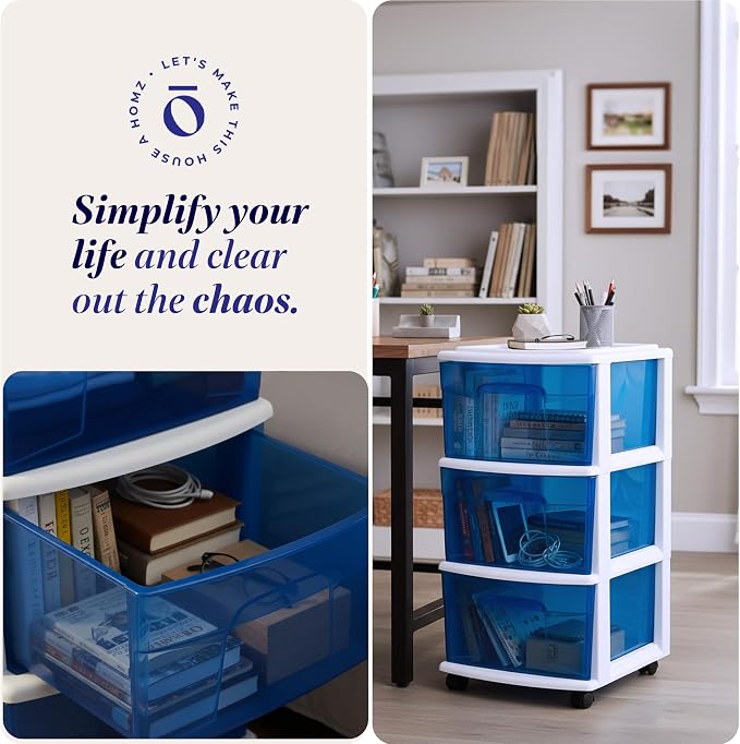 HOMZ Drawer Tower, 3-Tier Storage Cart with Removable Wheels, White Frame | Wide Plastic Organizer with Clear Bin Drawers for Bedroom, Bathroom, Home Office, and Dorm Rooms - Image 6
