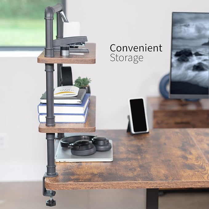 VIVO Clamp-on Premium 24 inch Industrial Pipe 2-Tier Tabletop Shelving, Heavy Duty Desk Extension Organizer, Modern Desktop Display Shelf, Rustic Vintage Brown Shelves, DESK-SHELF24-2N - Image 7
