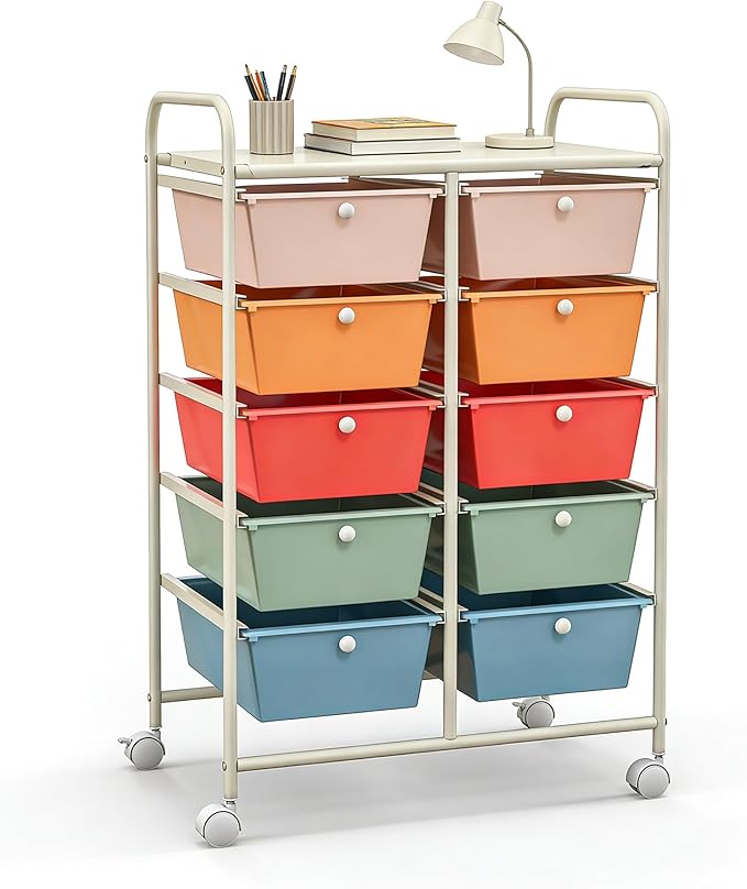 COSTWAY 10 Drawer Rolling Storage Cart, Utility Cart with Lockable Wheels | Mobile Art Supply Craft Organizer with Metal Frame, Multipurpose Drawer Cart for Paper for Office, School, Macaron by COSTWAY
