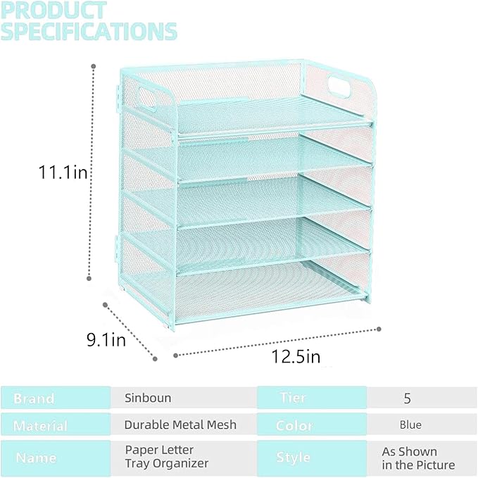 Letter Tray Paper Organizer 5-Tier Desk Organizer File Organizer Paper Holder with Handle, Metal Desktop Document Shelf Tray Office Classroom Organization - Blue - Image 2