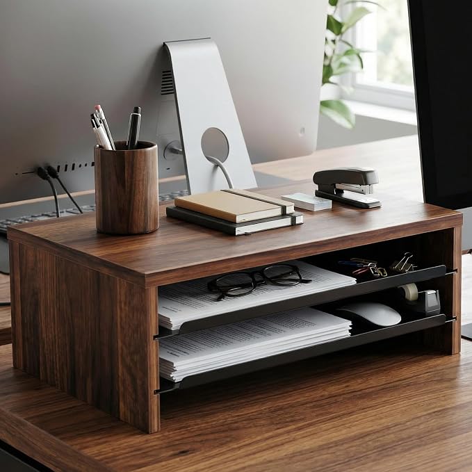 Fenge 14.3-Inch Monitor Stand with Slide-Out Trays, Wood & Metal Desk Shelf | 3-Tier Space-Saving Desk Storage Organizer, Fits Computer, Laptop, Printer and Telephone - Image 6