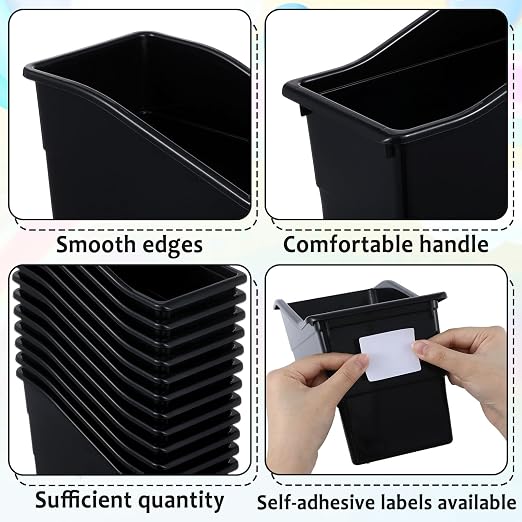 gisgfim 12 Pack Large Book Bins with Labels (Black) | Durable Plastic,Stackable Magazine Organizer,Storage Bins for Classroom,Library,Office,Bookshelf Categorization - Image 3