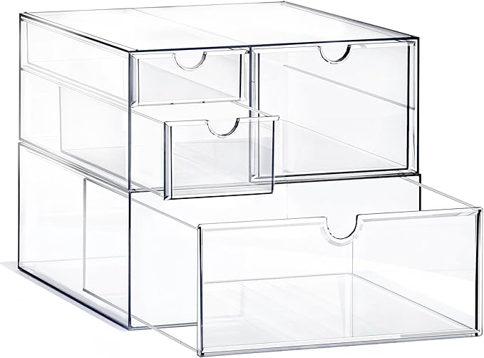 Prsildan Acrylic Drawer Makeup Organizer with 4 Drawers, Set of 2 | Clear, Baby Bottle Storage, For Vanity Countertop Bathroom Cosmetic Office Desk, Craft Jewelry Art Supply Organization by Prsildan
