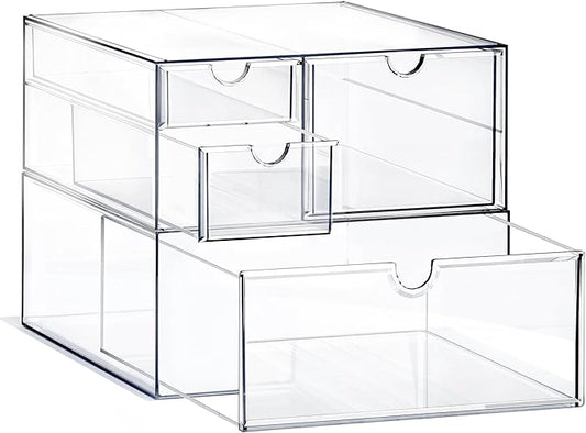 Prsildan Acrylic Drawer Makeup Organizer with 4 Drawers, Set of 2 | Clear, Baby Bottle Storage, For Vanity Countertop Bathroom Cosmetic Office Desk, Craft Jewelry Art Supply Organization by Prsildan