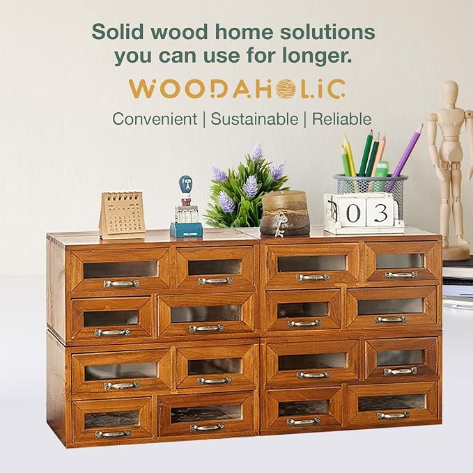 Stackable Modular Tiered Set of 4 Store and Display Wooden Desktop Organizing Cabinets - 16 Drawer Wood Display Chest with 4 See-through Slots - 16-Drawer Storage for Table, Dresser or Countertop - Image 7