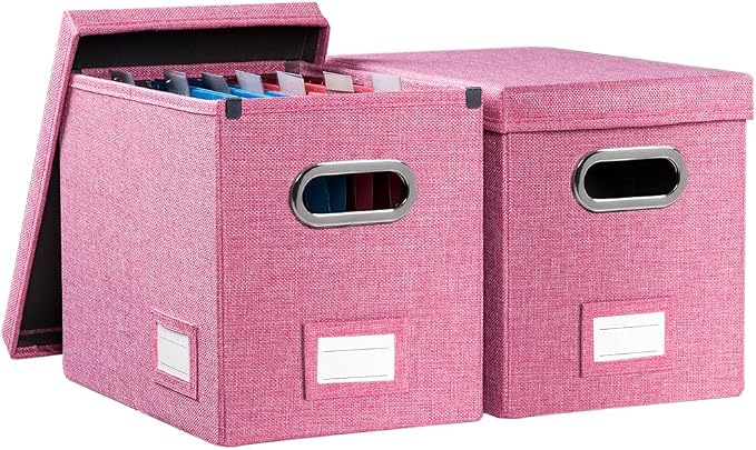 File Organizer Box - Set of 2 Collapsible Decorative Linen Filing Storage Hanging File Folders with Lids Office Cabinet Letter Size Pink (14x9.3x10.8 inch) by Prandom