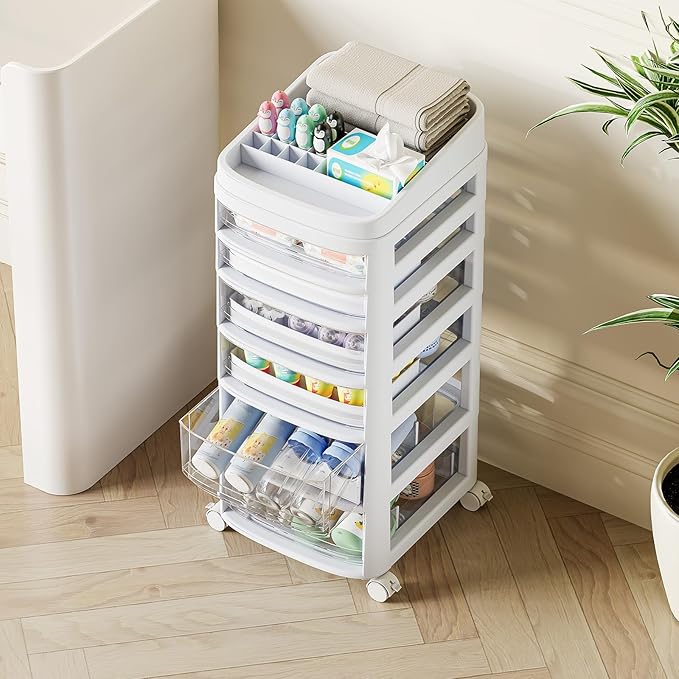 Rolling Cart with 6 Drawers, Clear Plastic Drawer Organizers, Vanity Cart | Dust Proof Under Desk Storage with Dividers for Makeup, Skincare, Art Crafts and Baby Items, Acrylic Cosmetic Organizer - Image 2