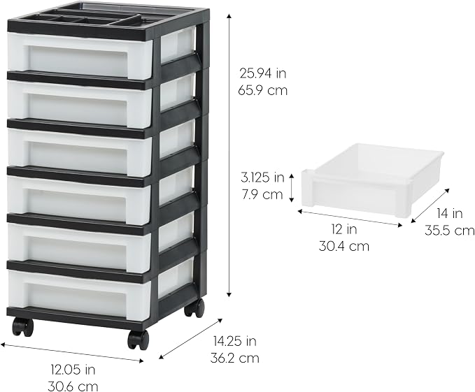 IRIS USA 6-Drawer Rolling Storage Cart with Organizer Top, Black/Pearl | Keep craft supplies, office essentials, classroom items, and accessories organized with easy-access drawers for daily use - Image 3