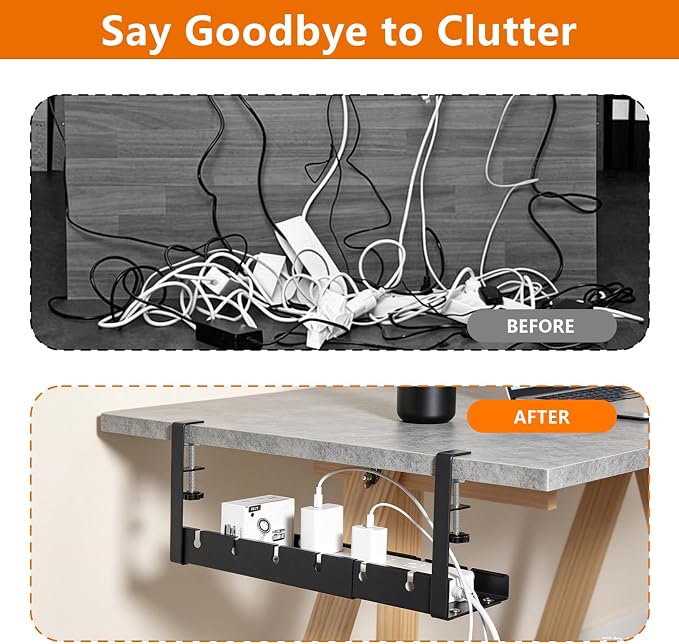 Under Desk Cable Tray, Clamp-On, 12-21.6in Expandable Metal Wire Organizer | drill-free quick installation, 22lbs load bearing, ventilated bottom, fits motorized standing desks, tidies messy wiring - Image 4