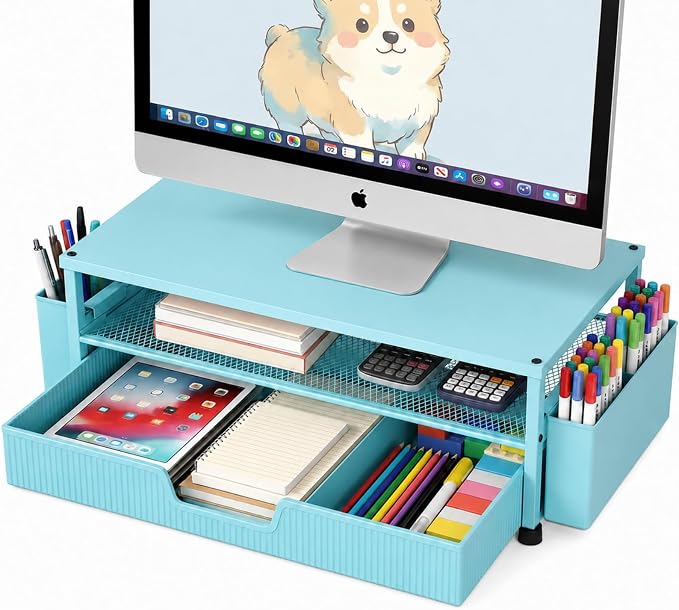 ECOLOVI Desk Organizer and Accessories, 2-Tier Computer Monitor Stand Rise with Storage Drawer & 2 Pen Holders, Laptop & Printer Stand for Desktop, Workspace Organizers for Office Supplies (Blue) by ECOLOVI