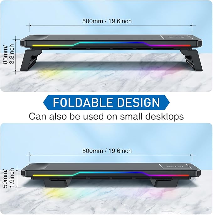 Monitor Stand Riser with USB 3.0 Hub & Type-C Port, 15W Fast Wireless Charging & RGB Lighting, Desk Organizer for Home Office PC iMac 27 Inch (Black) - Image 5