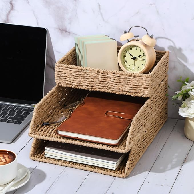 3 Pack Paper Rope Woven Stackable Desk Organizer Letter Tray, Primary Color Tabletop Desk Basket for Storage Paper Letter Folders Notebooks Copy Print, Workspace Holder - Image 6