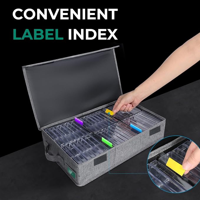 Cassette Tape Storage Box, Practical Cassette Tape Holder 16.34 x 9.25 x 3.54 Inch, Cassette Rack with Lids and Index Labels to store to 48 Cassette Tape Cases - Gray - Image 4