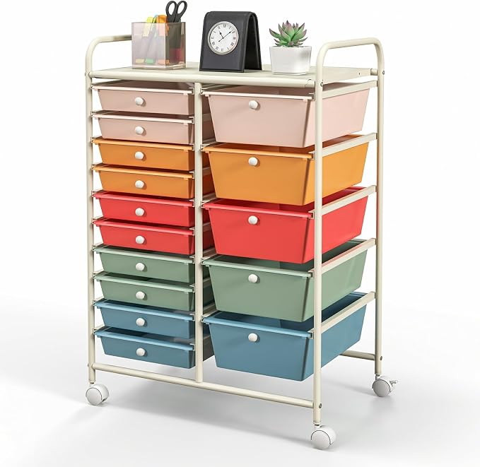 Moccha 15-Drawer Rolling Storage Cart - Under Desk Storage Drawers with wheels for Craft Art Supply Paper Salon, Scrapbook Paper Tools, Mobile Utility Cart for Classroom (15 Drawers, Macaron) by LDAILY